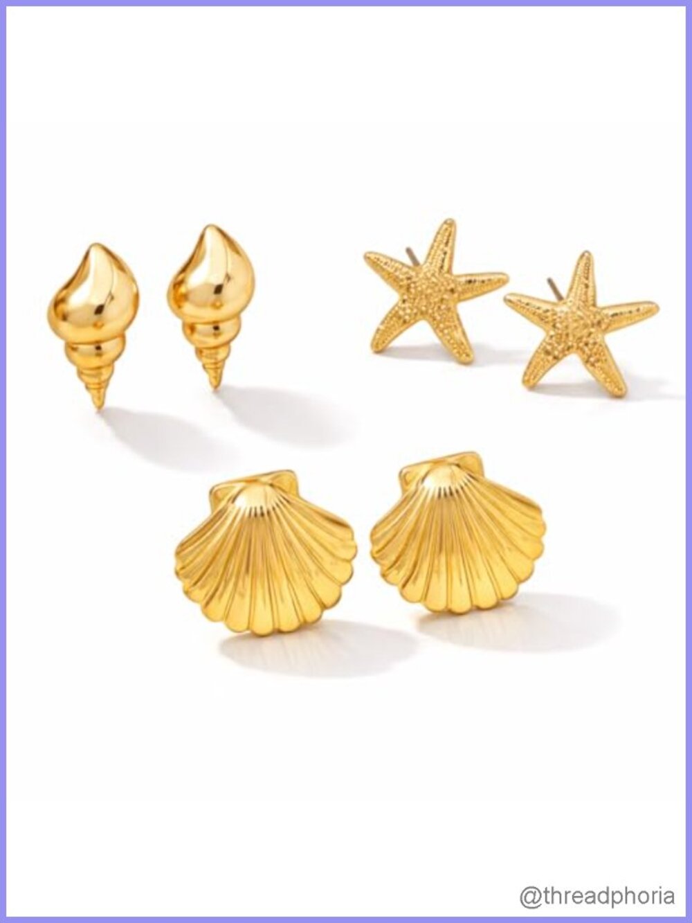 14K Gold Plated Starfish Conch Seashell Stud Earrings Set Ocean Jewelry